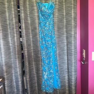 Light Blue sequined Strapless with high slit dress